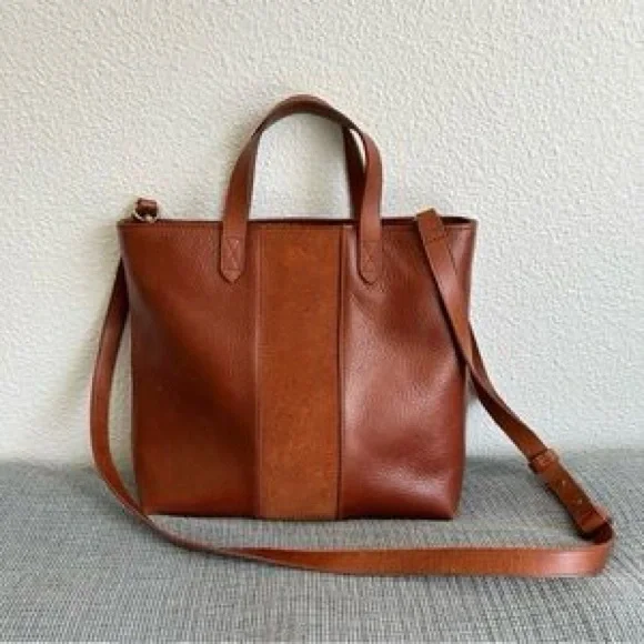 Madewell Small Transport Leather Crossbody Tote Suede Stripe Brown Maple Syrup